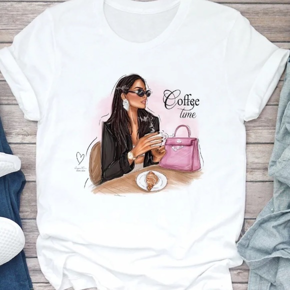 2/$40 Coffee Time Graphic Tee Chic Fashion Girl Print T-Shirt Casual Trendy - Picture 5 of 5